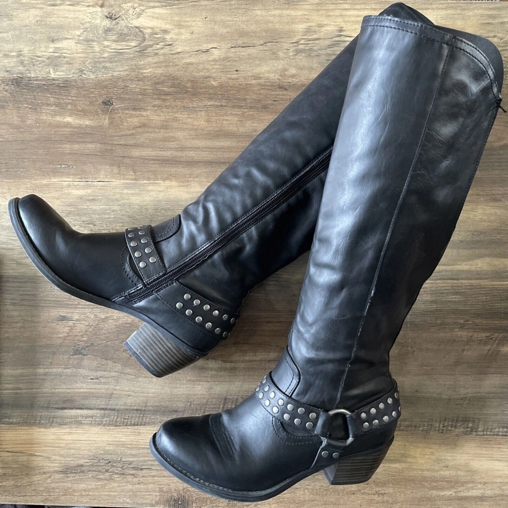 Black Knee-High Low Heel Studded Boots
